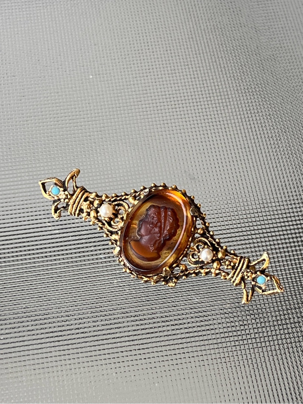 Vintage Amber Cameo Brooch | Gold Tone Filigree Pin